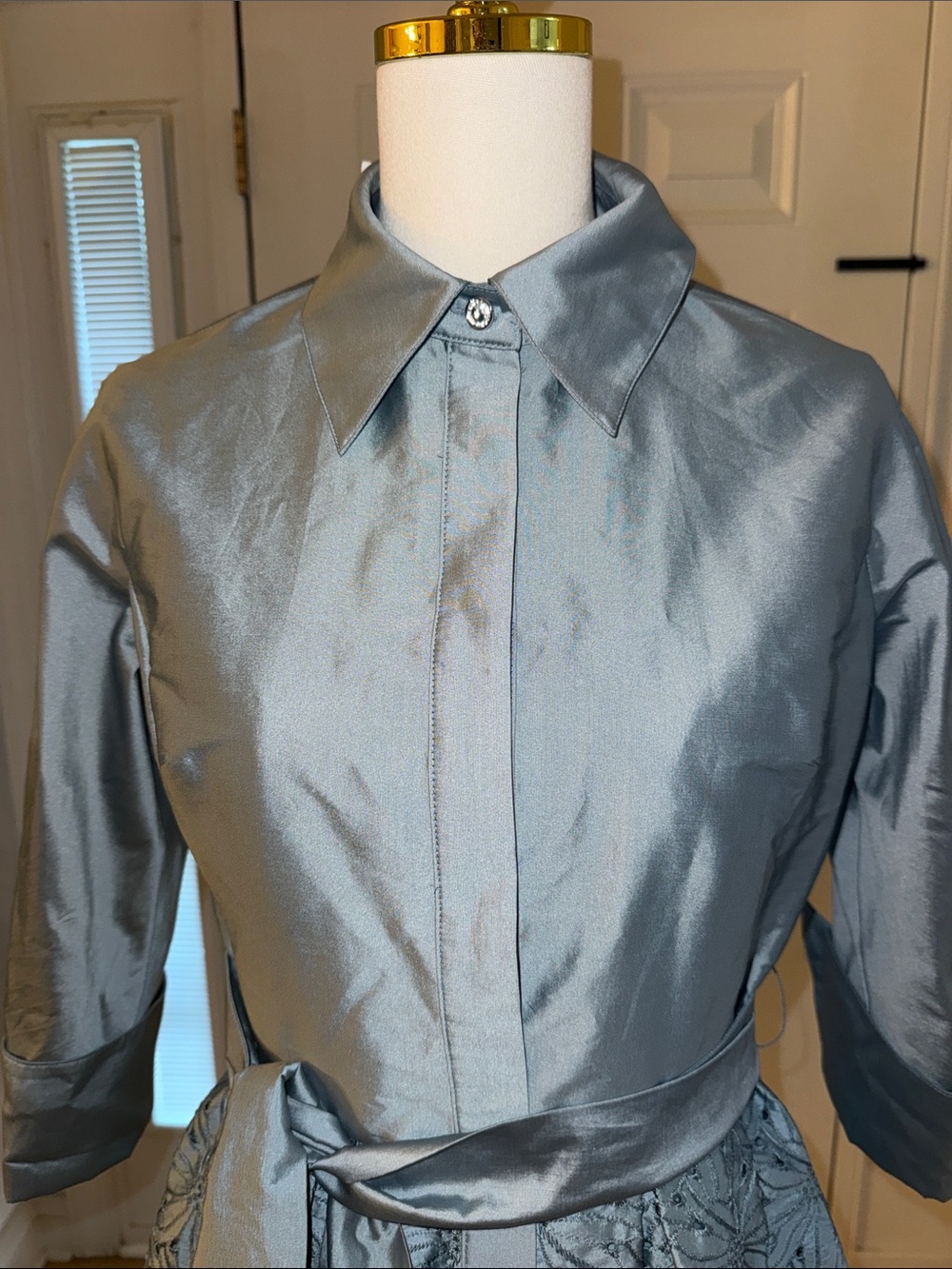 Rickie Freeman for Teri Jon Light Blue Satin Shirt-Collar Midi Dress - Picture 3 of 8